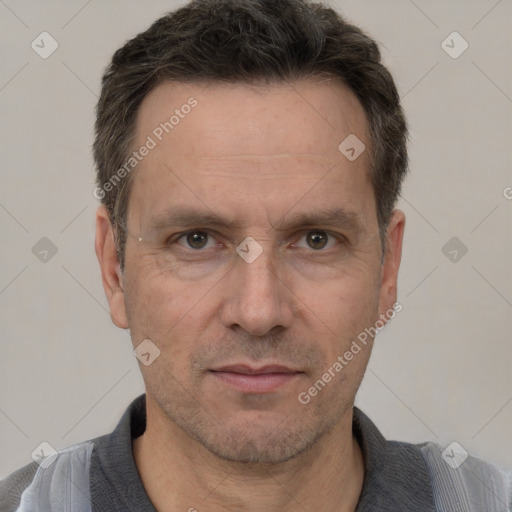 Neutral white adult male with short  brown hair and brown eyes