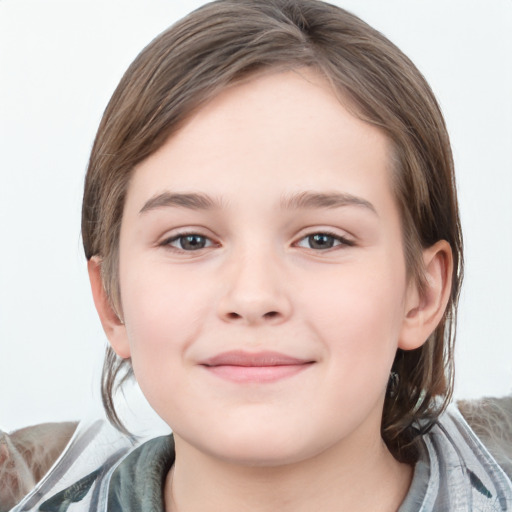 Joyful white child female with medium  brown hair and grey eyes