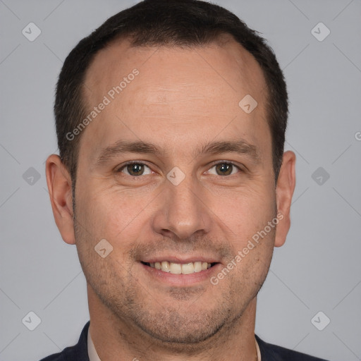 Joyful white young-adult male with short  brown hair and brown eyes