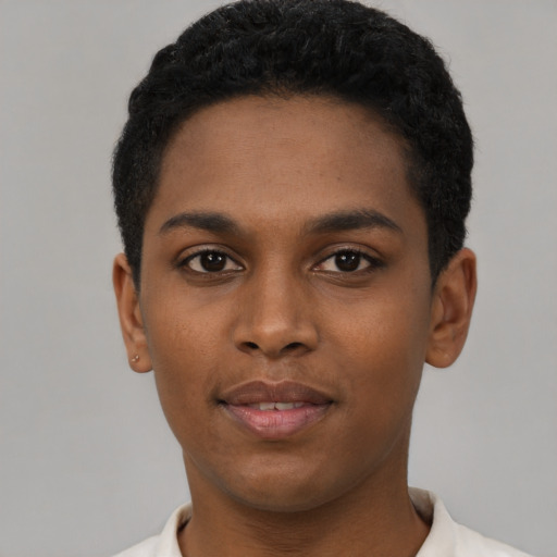 Neutral black young-adult male with short  black hair and brown eyes