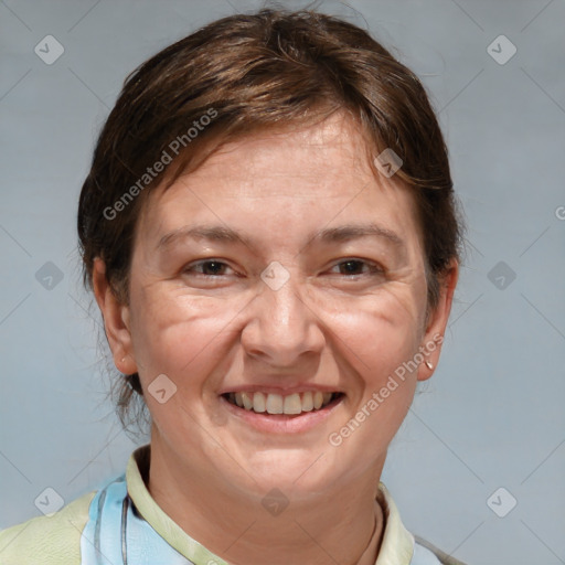 Joyful white adult female with short  brown hair and brown eyes