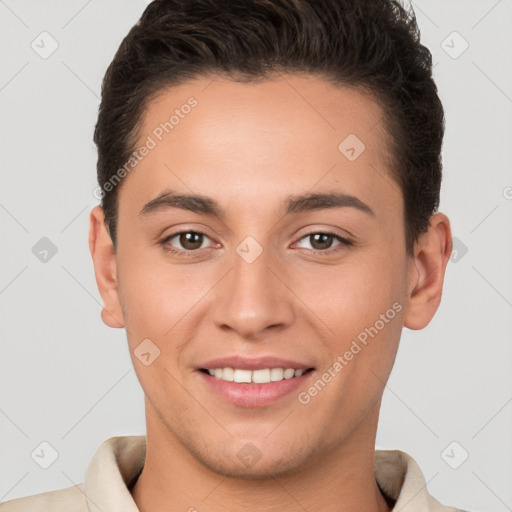 Joyful white young-adult male with short  brown hair and brown eyes