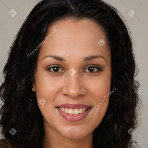 Joyful latino young-adult female with long  brown hair and brown eyes