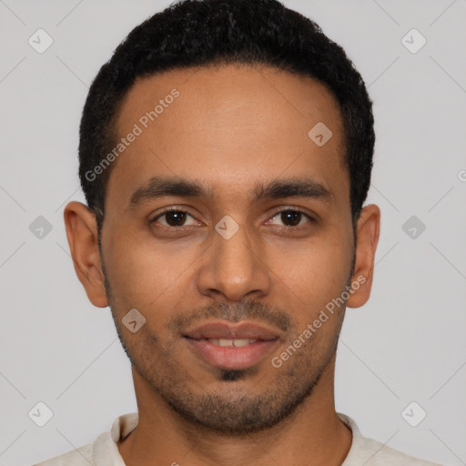 Neutral latino young-adult male with short  black hair and brown eyes