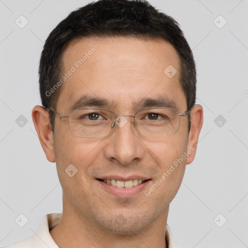 Joyful white adult male with short  brown hair and brown eyes