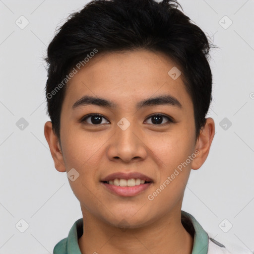 Joyful asian young-adult male with short  black hair and brown eyes