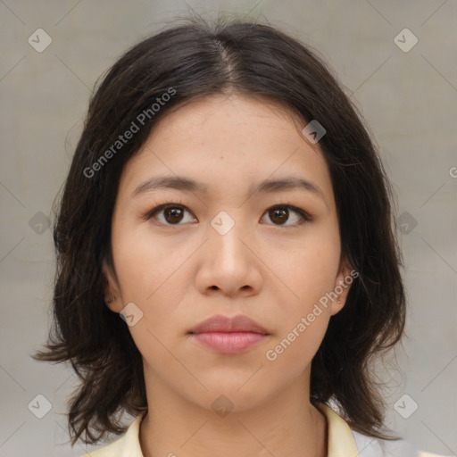 Neutral asian young-adult female with medium  brown hair and brown eyes