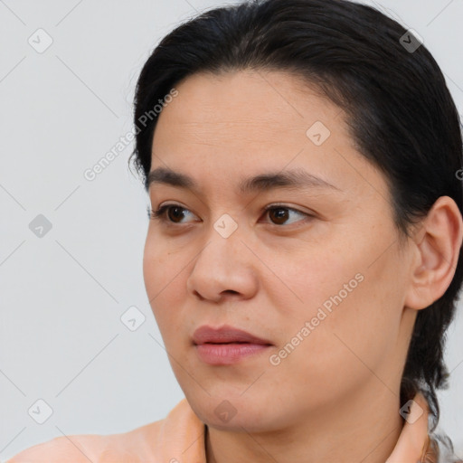 Joyful white young-adult female with medium  brown hair and brown eyes