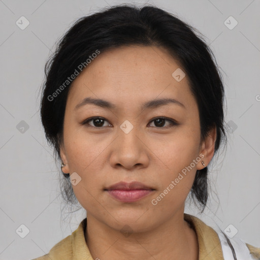 Neutral asian young-adult female with medium  black hair and brown eyes