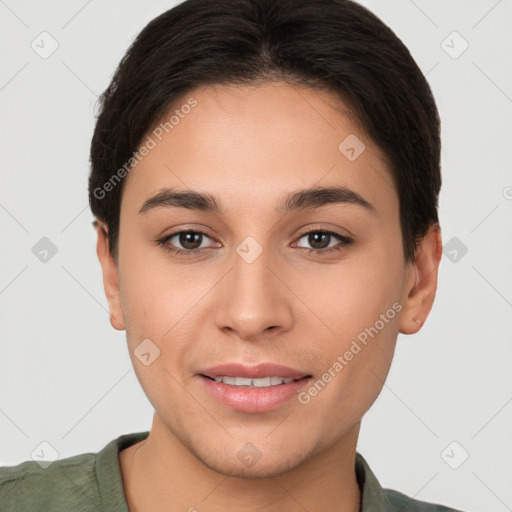 Joyful white young-adult female with short  brown hair and brown eyes