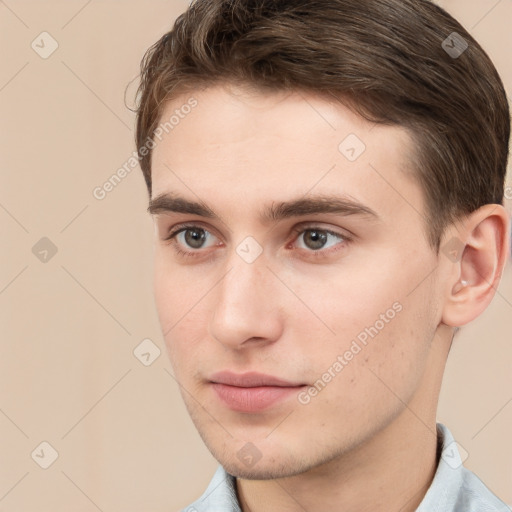 Neutral white young-adult male with short  brown hair and brown eyes