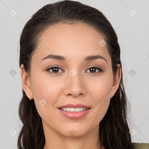 Joyful white young-adult female with long  brown hair and brown eyes