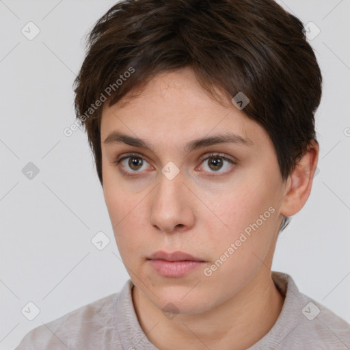 Neutral white young-adult female with short  brown hair and brown eyes