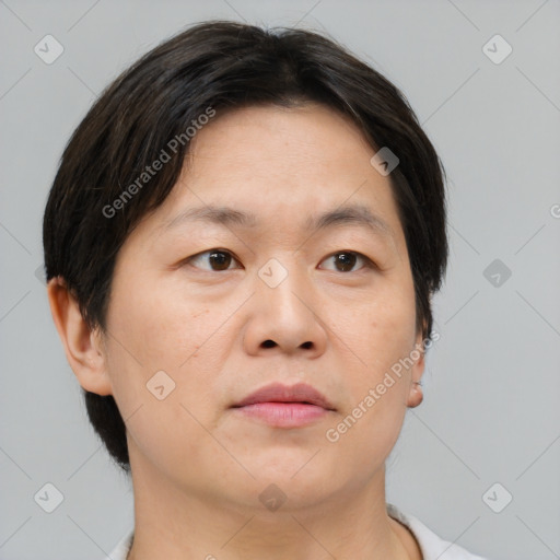 Neutral asian adult male with short  brown hair and brown eyes