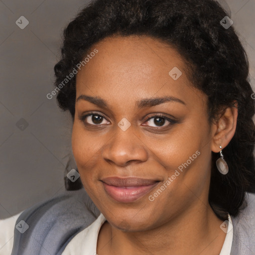 Joyful black young-adult female with long  brown hair and brown eyes