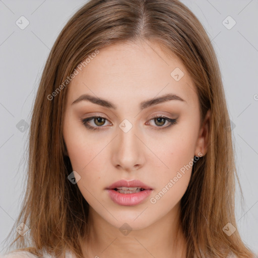 Neutral white young-adult female with long  brown hair and brown eyes