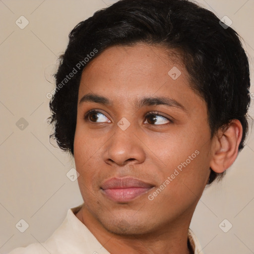 Joyful asian young-adult female with short  brown hair and brown eyes