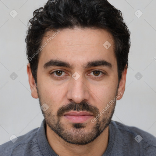 Neutral white young-adult male with short  black hair and brown eyes