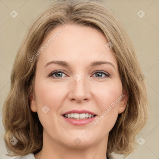 Joyful white young-adult female with medium  brown hair and green eyes