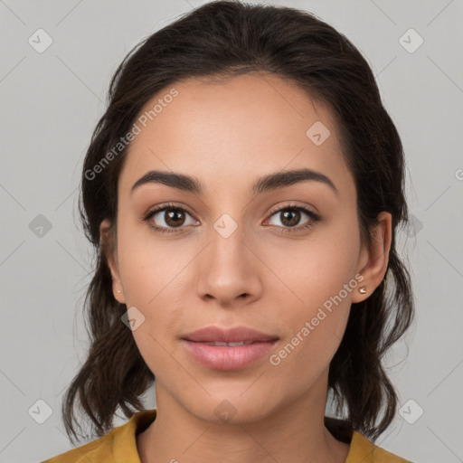 Neutral white young-adult female with medium  brown hair and brown eyes