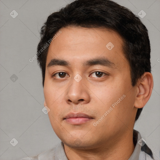 Neutral white young-adult male with short  black hair and brown eyes