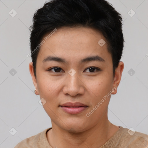 Joyful asian young-adult female with short  black hair and brown eyes