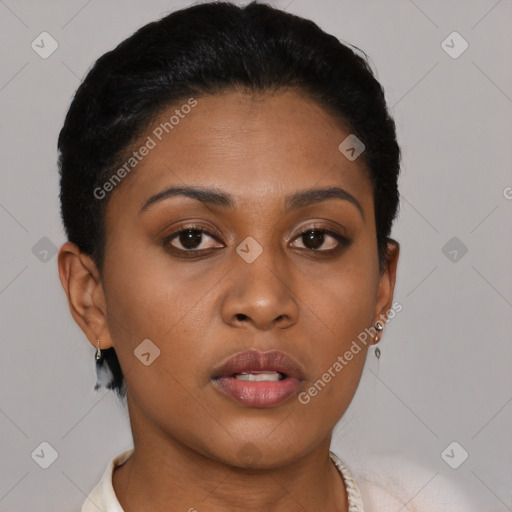 Neutral latino young-adult female with short  brown hair and brown eyes