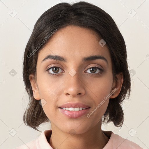 Joyful white young-adult female with medium  brown hair and brown eyes