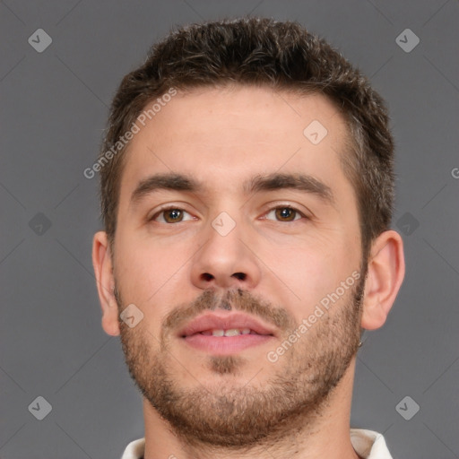 Neutral white young-adult male with short  brown hair and brown eyes