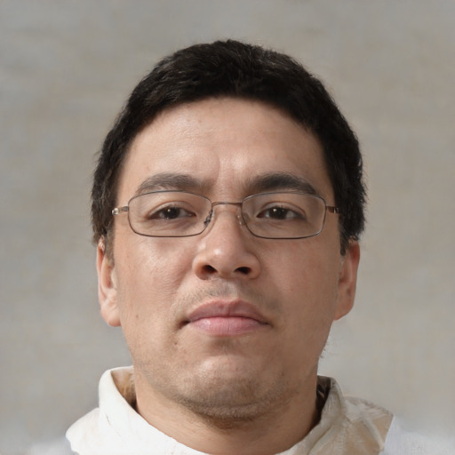 Neutral asian adult male with short  brown hair and brown eyes