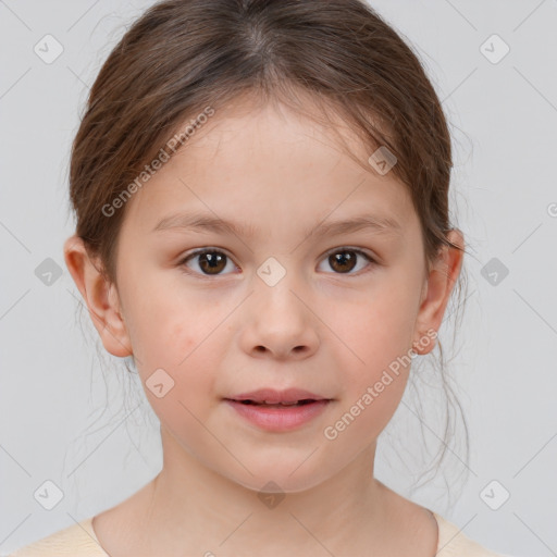 Joyful white child female with medium  brown hair and brown eyes