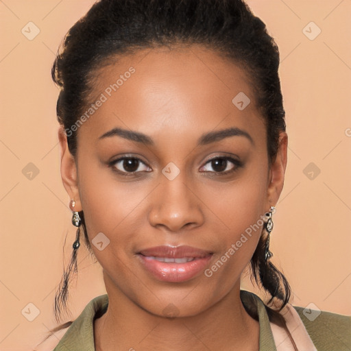 Joyful latino young-adult female with short  black hair and brown eyes