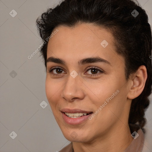 Joyful white young-adult female with short  brown hair and brown eyes