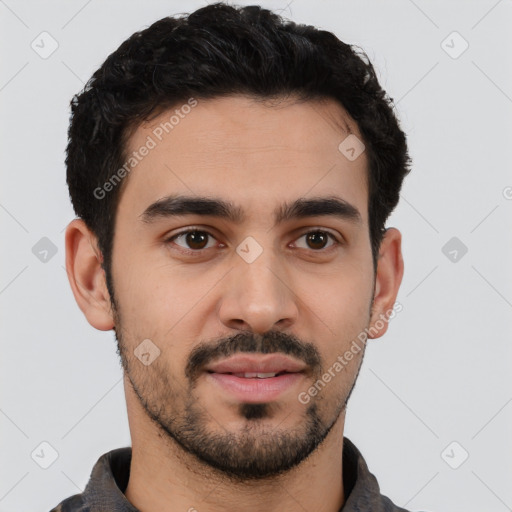 Neutral white young-adult male with short  black hair and brown eyes