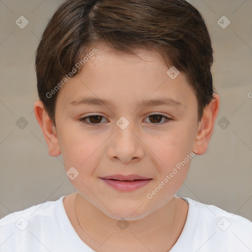 Joyful white child male with short  brown hair and brown eyes