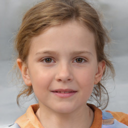 Joyful white child female with medium  brown hair and brown eyes