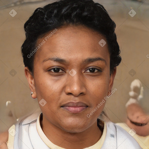 Joyful latino young-adult female with short  black hair and brown eyes