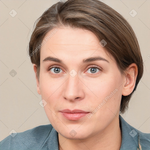 Neutral white young-adult female with medium  brown hair and grey eyes