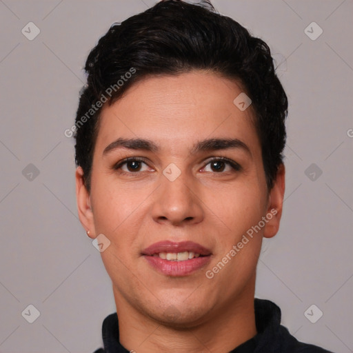 Joyful white young-adult female with short  brown hair and brown eyes