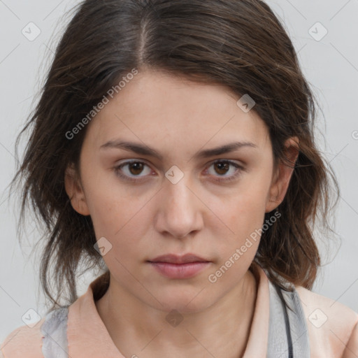 Neutral white young-adult female with medium  brown hair and brown eyes