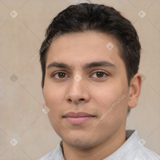 Neutral white young-adult male with short  brown hair and brown eyes