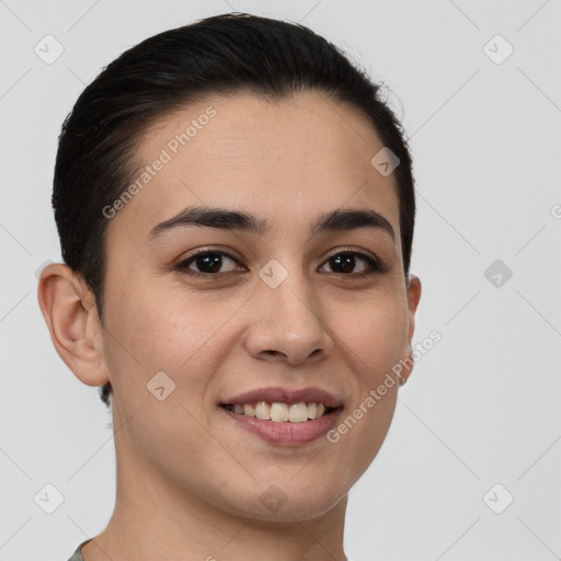 Joyful white young-adult female with short  brown hair and brown eyes