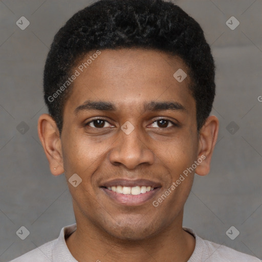 Joyful latino young-adult male with short  brown hair and brown eyes