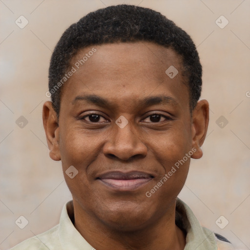 Joyful black young-adult male with short  black hair and brown eyes