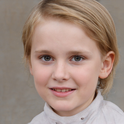 Joyful white child female with medium  brown hair and blue eyes