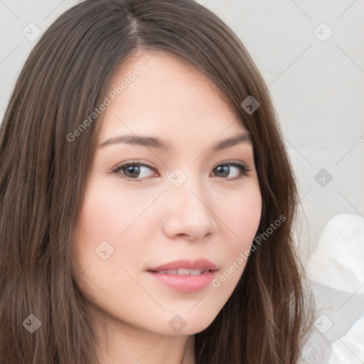 Neutral white young-adult female with long  brown hair and brown eyes