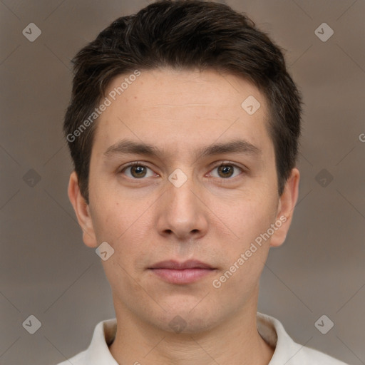 Neutral white young-adult male with short  brown hair and brown eyes