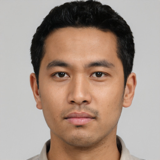 Neutral asian young-adult male with short  black hair and brown eyes