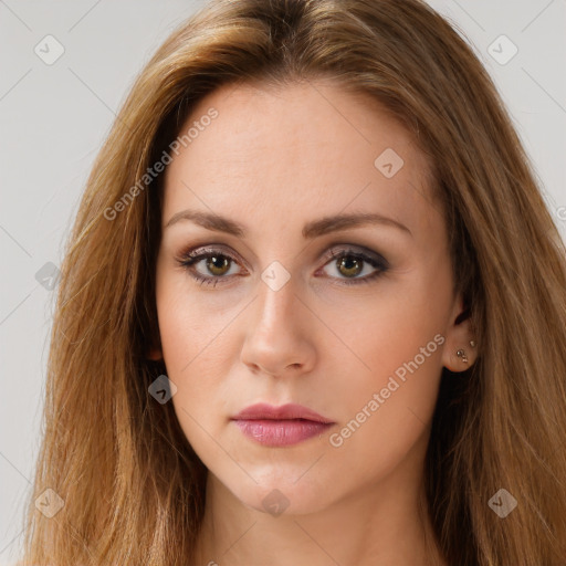 Neutral white young-adult female with long  brown hair and brown eyes