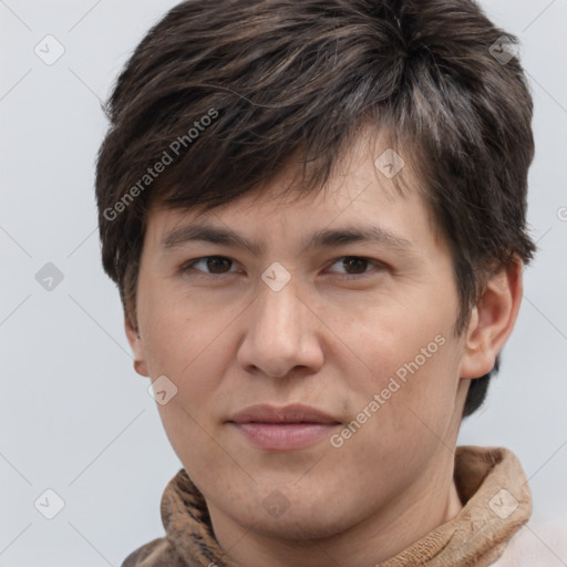 Joyful white adult female with short  brown hair and brown eyes